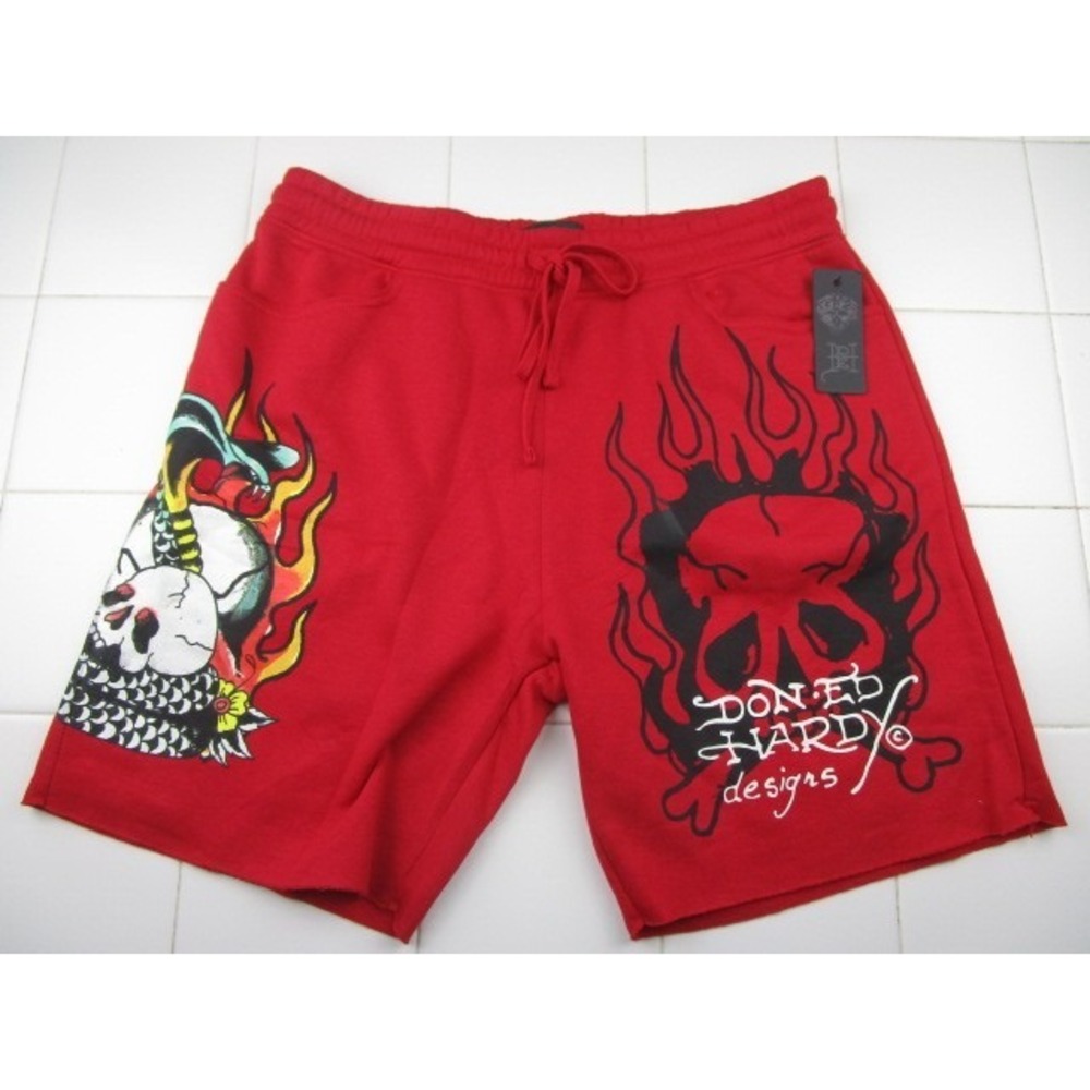 Ed Hardy Fire Skull And Dragon Tattoo Print Fleece Sweat Shorts Red Men's Large